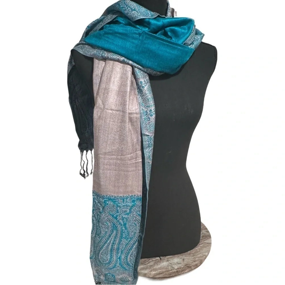 Elegant Large Shawl Wrap Double-sided Super Soft Quality Rayon Silver Aquamarine